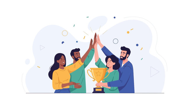 Diverse team celebrating victory with a trophy, high fives, and confetti, symbolizing success and teamwork.