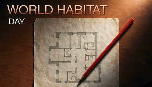 Architectural house floor plan drawing on paper with a red pencil for World Habitat Day