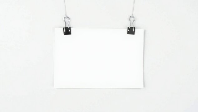 Blank white paper sheet hanging with black binder clips