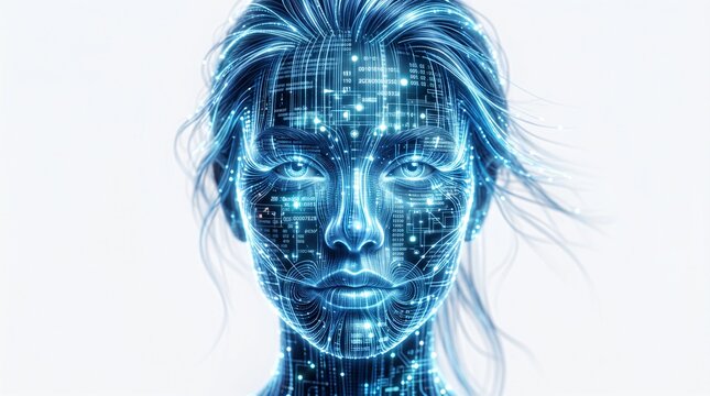 Minimalist Female AI Face Constructed from Optical Fiber Data Threads on Flat White Background