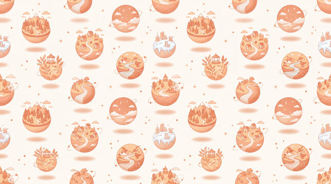 Seamless with tiny planet landscapes in warm orange tones featuring forests, rivers, castles, and clouds