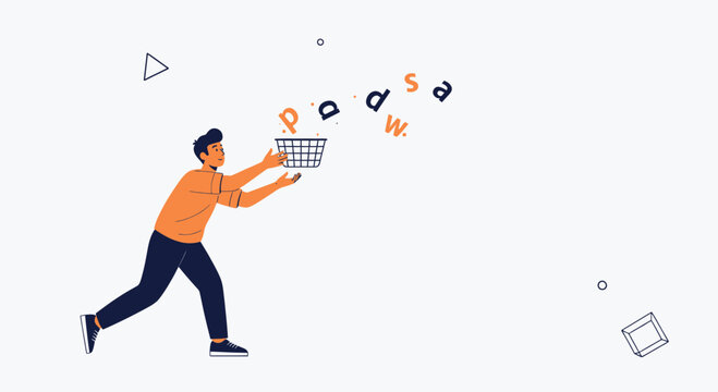 Man with basket catches flying letters, concepts of education, learning, and communication