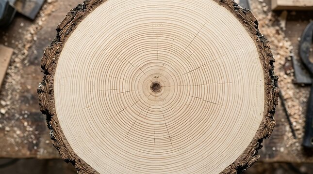 Cross section of a cut tree trunk showing concentric growth rings