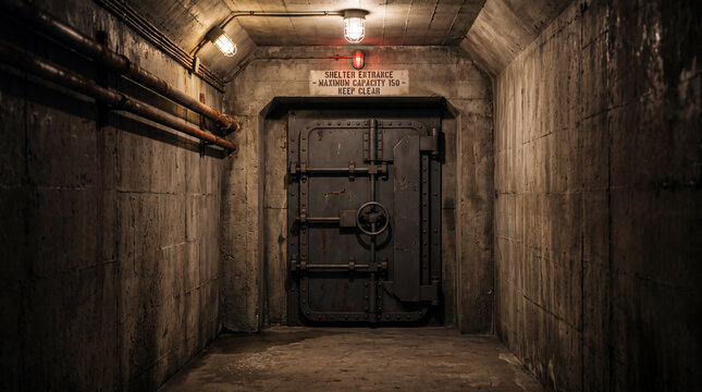 Underground concrete air raid shelter entrance with heavy metal door and dim lighting creating tense atmosphere