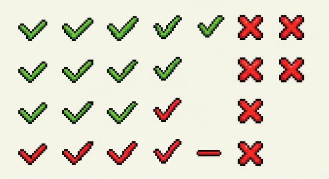 Green checkmarks and red crosses in pixel art style.