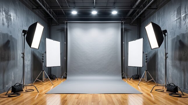 Professional photo studio setup with a gray seamless background, large softboxes, lighting equipment, and wooden floor