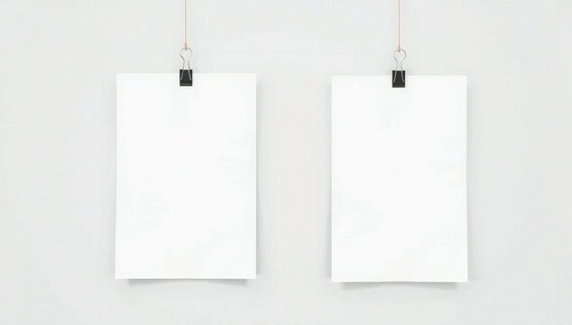 Two empty white paper posters hanging with black metal clips for design display
