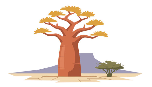 African baobab tree standing in an arid desert landscape with cracked earth, a distant blue mountain, and a shrub.