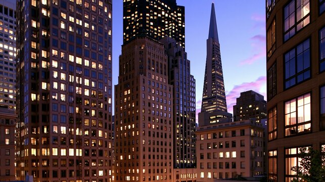 a cityscape at twilight. The main subject is a collection of modern skyscrapers, each with a unique architectural style and illuminated windows reflecting the warm glow of the setting sun.