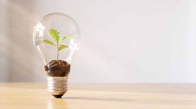 Commercial 3D e-commerce sale promotion banner with green plant inside lightbulb and copy space