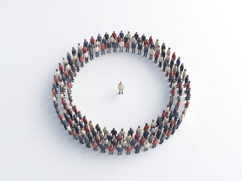 Miniature human figures arranged in a double circle formation on a plain white background arrangement assembly circumference collective community concentric