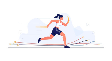 Fototapeta premium Woman athlete running a relay race with a baton, dynamic vector illustration symbolizing speed and competition