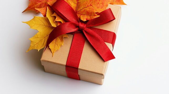 a gift box wrapped in brown paper and tied with a vibrant red ribbon. The ribbon is tied in a bow at the top, and the box is surrounded by autumn leaves in various shades of yellow and orange.