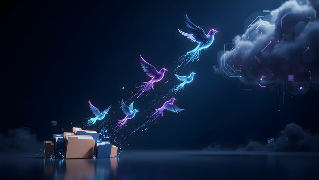 Radiant digital birds emerging from office file folders to soar toward a glowing futuristic cloud in this stunning conceptual illustration