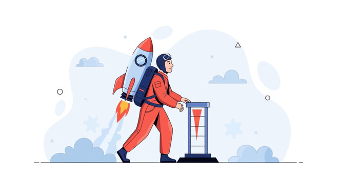 Astronaut with Rocket Pack Ready for Launch on Futuristic Platform