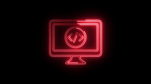 Code Monitor Display Icon Animation with Glowing Lines on Black Background