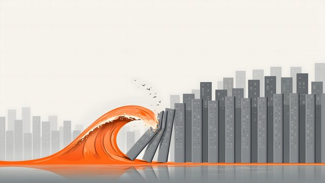 Massive orange tidal wave crashes into modern urban skyscrapers causing buildings to collapse during a catastrophic climate change environmental disaster