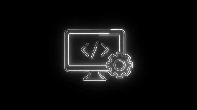 Code Development Monitor Icon Animation with Glowing Lines on Black Background