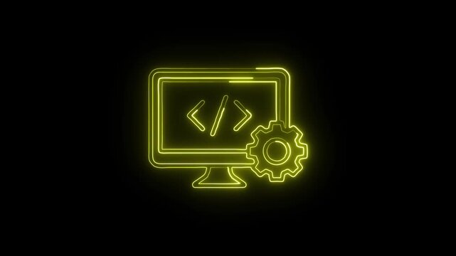 Code Development Monitor Icon Animation with Glowing Lines on Black Background