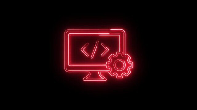 Code Development Monitor Icon Animation with Glowing Lines on Black Background