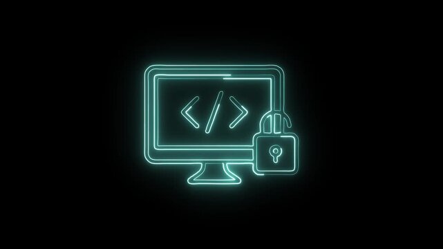 Computer Security Code Icon Animation with Glowing Lines on Black Background