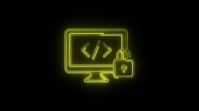 Computer Security Code Icon Animation with Glowing Lines on Black Background