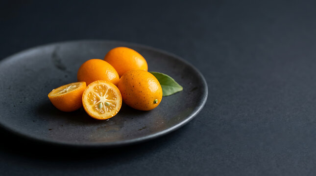 Fresh kumquat fruits on a black ceramic plate with a dark background and a single green leaf for garnish