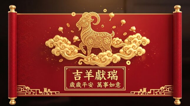 Chinese new year scroll with golden goat and auspicious clouds