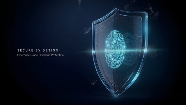 Glowing biometric fingerprint scan protected by a futuristic glass shield against dark background showing advanced enterprise level cybersecurity data safety