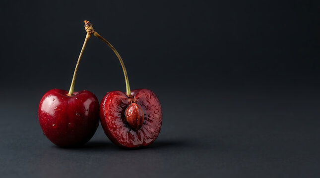 Juxtaposition of a fresh whole cherry and a halved cherry revealing the pit set against a dark background emphasizing natural