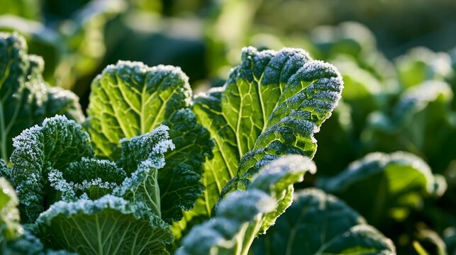 a vibrant green leafy plant, likely cabbage or brussels sprouts, covered in a layer of frost. The frost glistens on the leaves, reflecting light and creating a shimmering effect.
