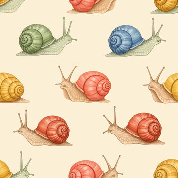 Seamless pattern featuring hand-drawn colorful snails in red, green, blue, and yellow with spiral shells on a cream background for nursery wallpaper and textile design.