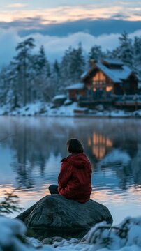 a person seated on a large rock, gazing at a calm lake. The person wears a bright red jacket, contrasting with the snowcovered landscape. The lake reflects the skys colors.