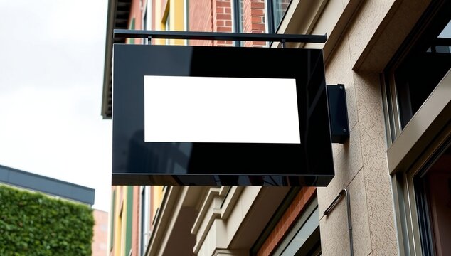 Black rectangular wall sign with a blank white space for logo branding mounted on a city building exterior