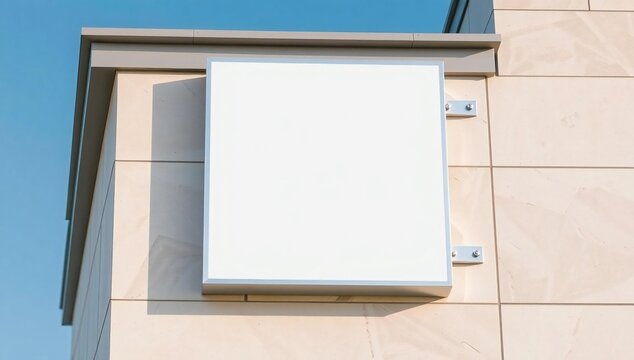Blank white square sign mounted on a modern tiled building wall outside
