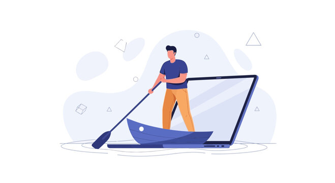 Man rowing small boat emerging from laptop screen, symbolizing digital journey, online navigation, and technology overcoming challenges.