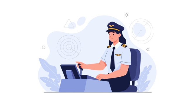 Female Pilot Flying Aircraft in Modern Cockpit - Vector Illustration