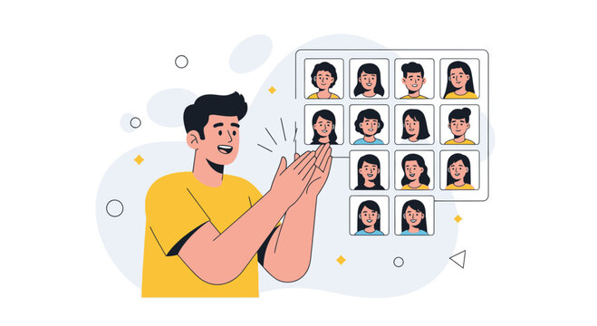 Man applauds during a video conference, showcasing a grid of diverse user avatars, representing online communication and teamwork.