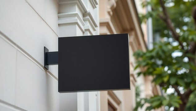 Blank black rectangular wall sign mockup hanging on a building facade