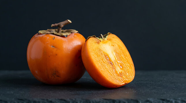 Close-up of a fresh ripe persimmon fruit with a half-cut section revealing its vibrant orange interior on a dark surface and