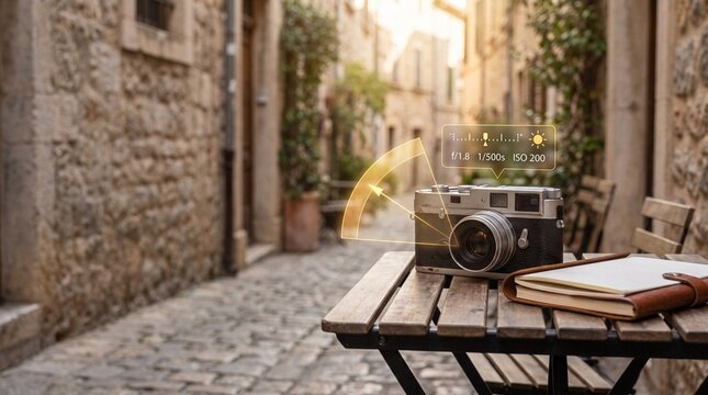 Vintage camera on wooden table in historic alley with holographic settings overlay