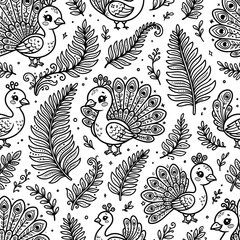 Fototapeta premium Cute Peacock Feather Pattern, Kawaii Bird Illustration, Seamless Textile Design