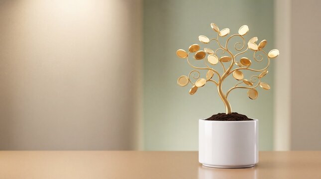 Commercial 3D e-commerce sale promotion banner depicting a golden tree with copy space dividend promotion