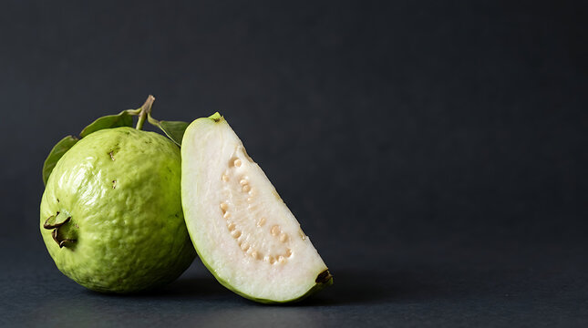 Fresh green guava with a slice revealing juicy interior on dark background emphasizing natural fruit freshness and vibrant colors