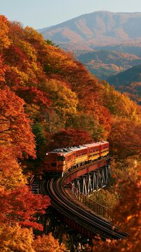 a train traveling over a trestle bridge amidst a lush forest during autumn. The train, painted in bright red and yellow, is the main subject. The bridge is made of metal and has a rustic appearance.