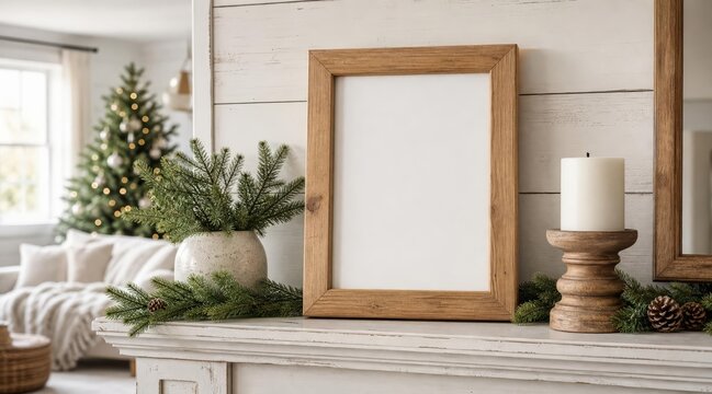 Holiday wooden picture frame mockup on rustic mantelpiece