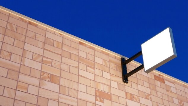 Blank rectangular sign hanging on a textured brick wall against a deep blue sky