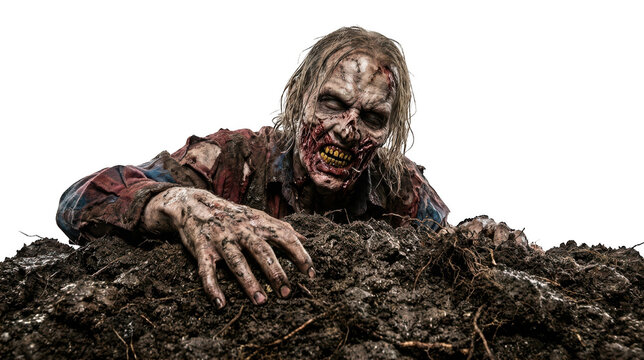 Scary zombie crawling out of dark soil isolated on transparent background