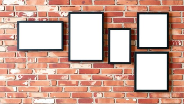 Five empty black photo frames hanging on a rustic orange brick wall