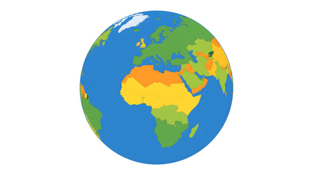 A stylized oval shaped world map illustration showing continents and oceans on a clean white background